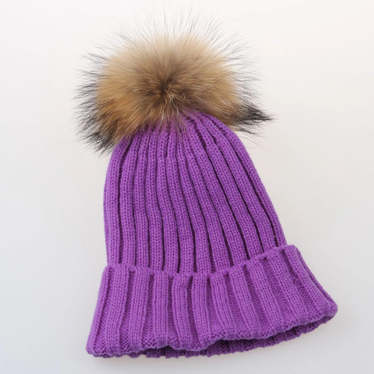 Custom Acrylic Beanies Pompom Removeable Knitted Beanie Hat Big Faux Fox Fur Pompom